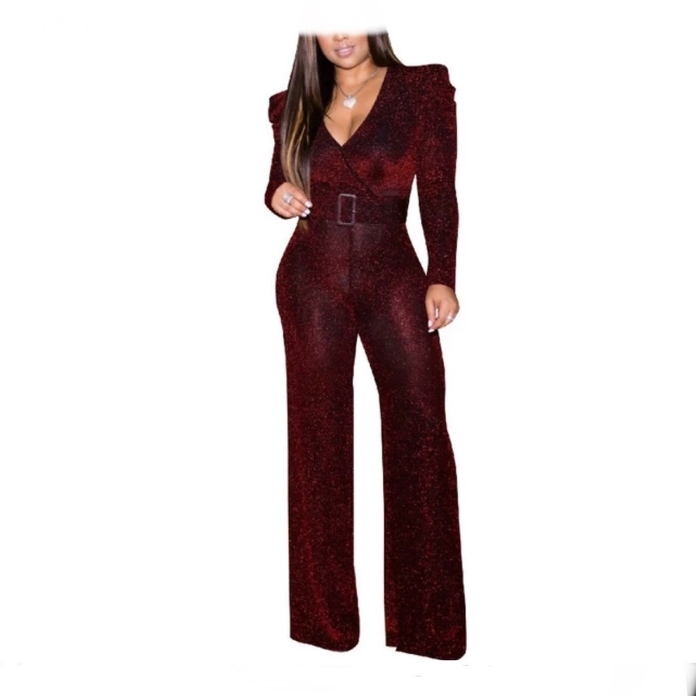 VALENTINE RED METALLIC COPPER JUMPSUIT. Size Med.‎ Long sleeve. Wide Leg NWOT